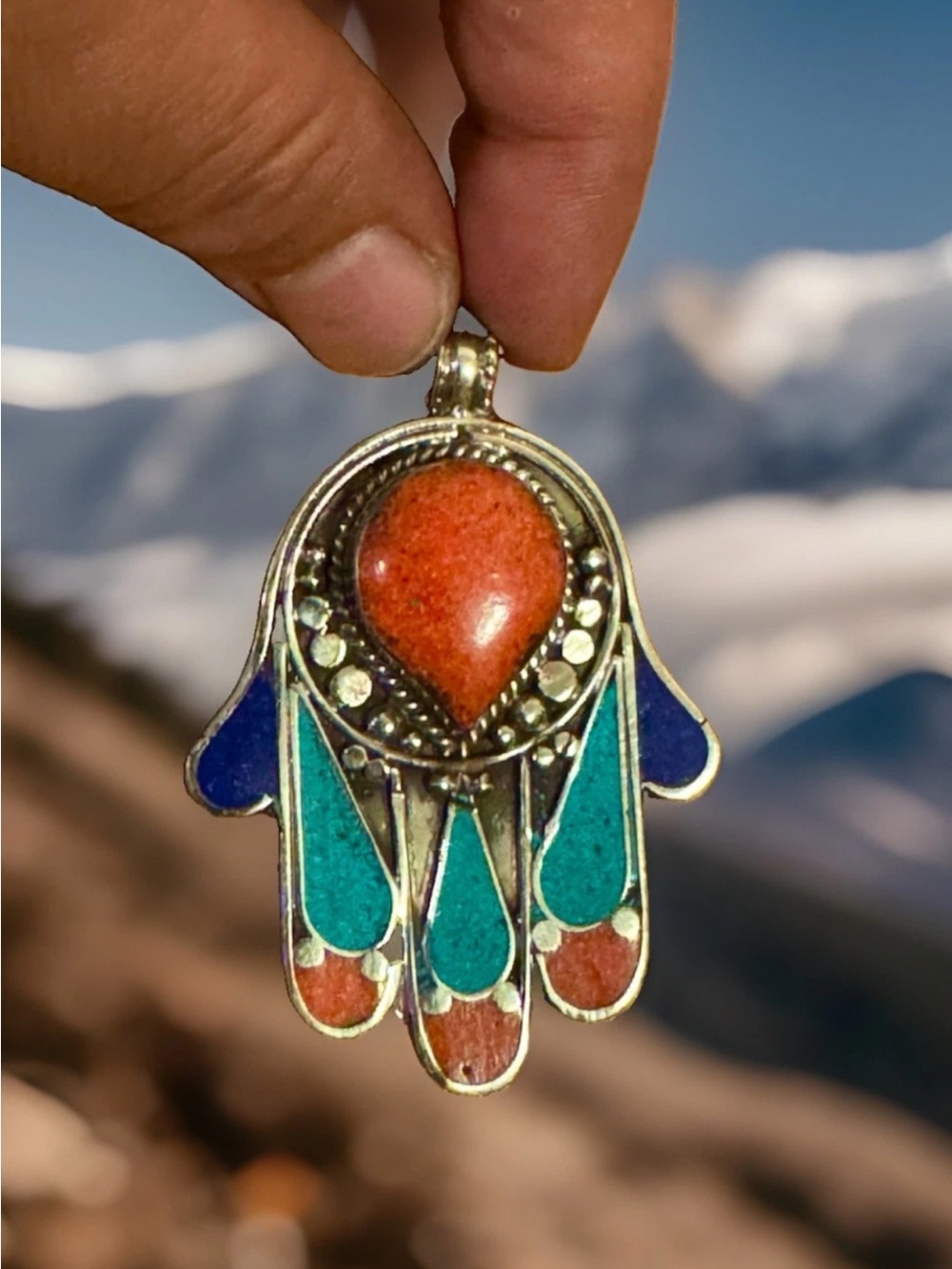 Vintage Style Handcrafted Multicolor Hamsa Pendant Inlay Stone Set In Silver 38g